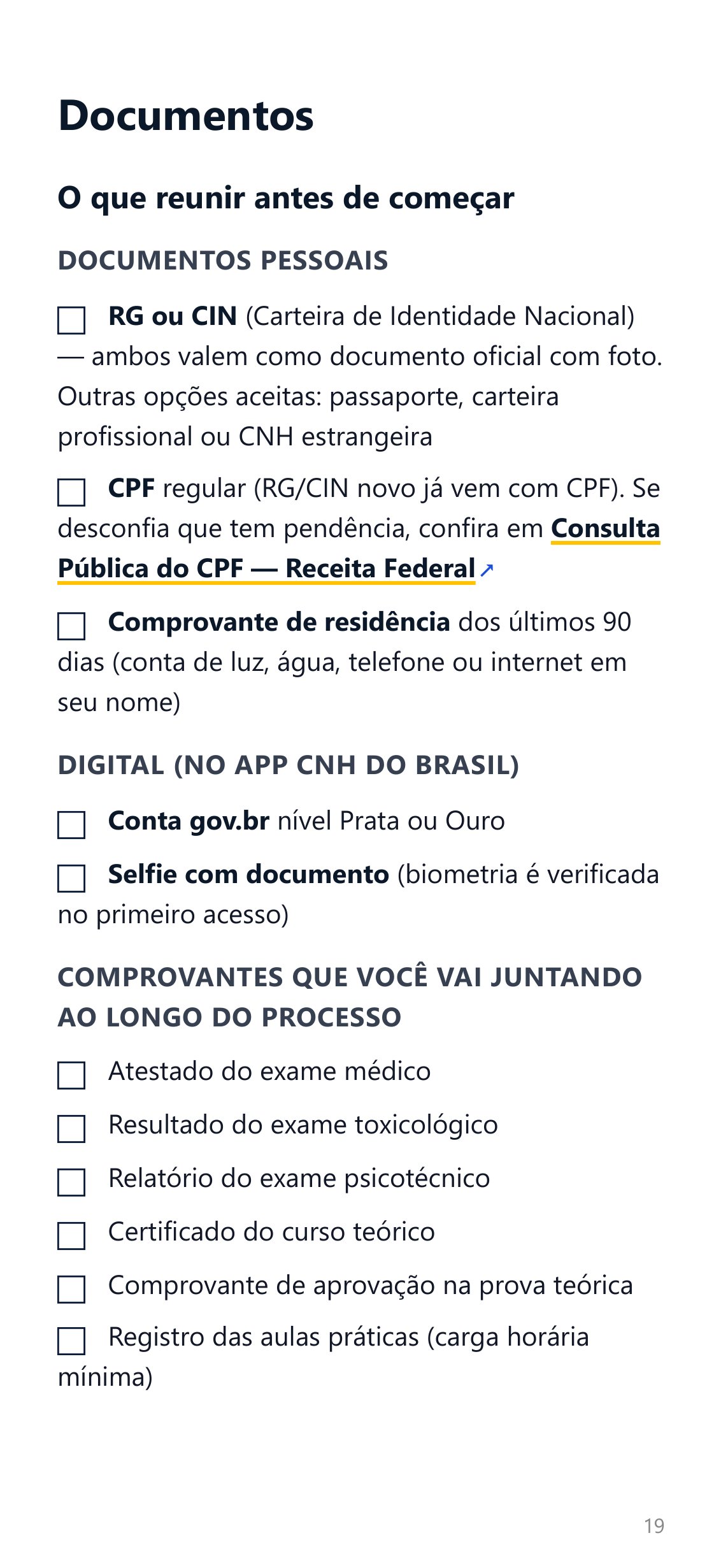 Página do guia: Documentos pra começar